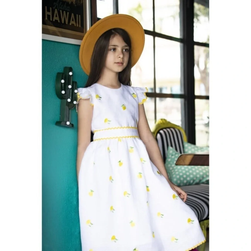 Sorci and Fofa Girls 6 Embroidered Lemon Flutter Sleeve Ric-Rac Linen Dress‎ - Picture 4 of 16